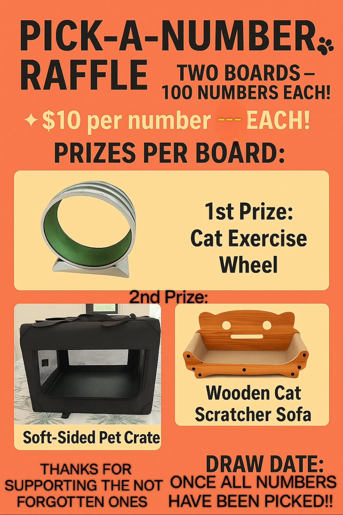TNFO are holding two raffles and need your help to raise much needed funds for our cause. The prizes are cat related as you would expect!! An exercise wheel is the prize for the first board of 100 numbers. A canvas collapsible carry crate and a scratching board as a bed are the prizes for the second board. You can contact the facebook page with any questions.